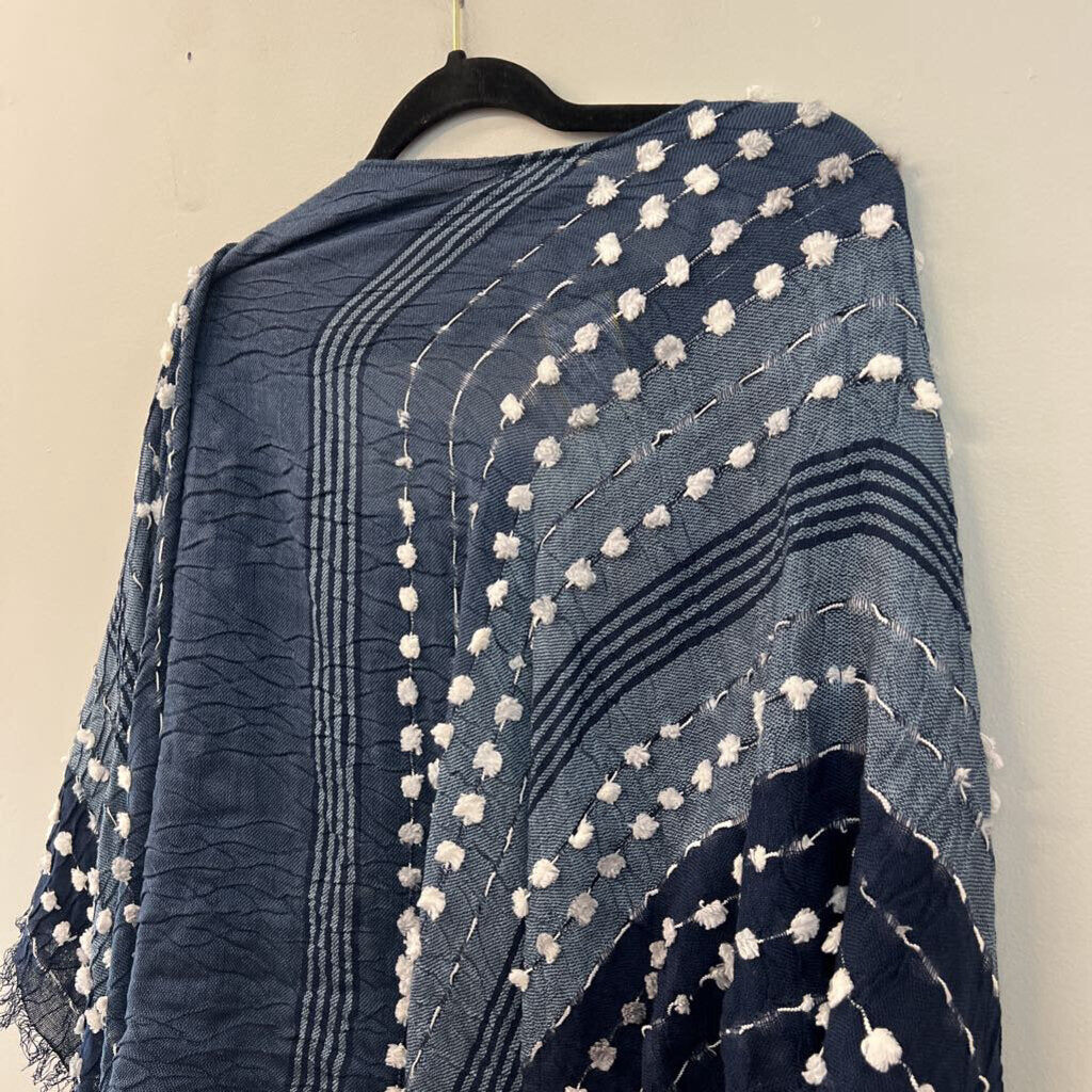 Demdaco Blue/ White Pom Pom Poncho Top One Size