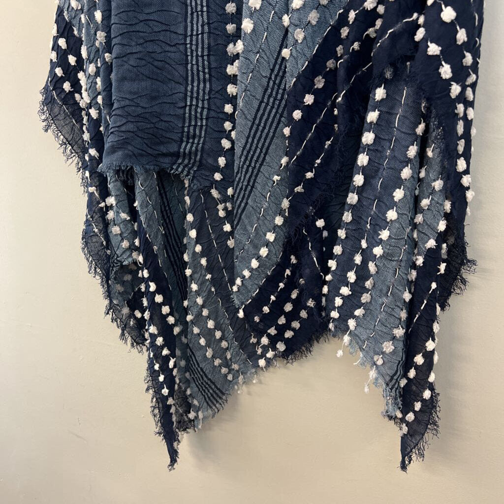 Demdaco Blue/ White Pom Pom Poncho Top One Size