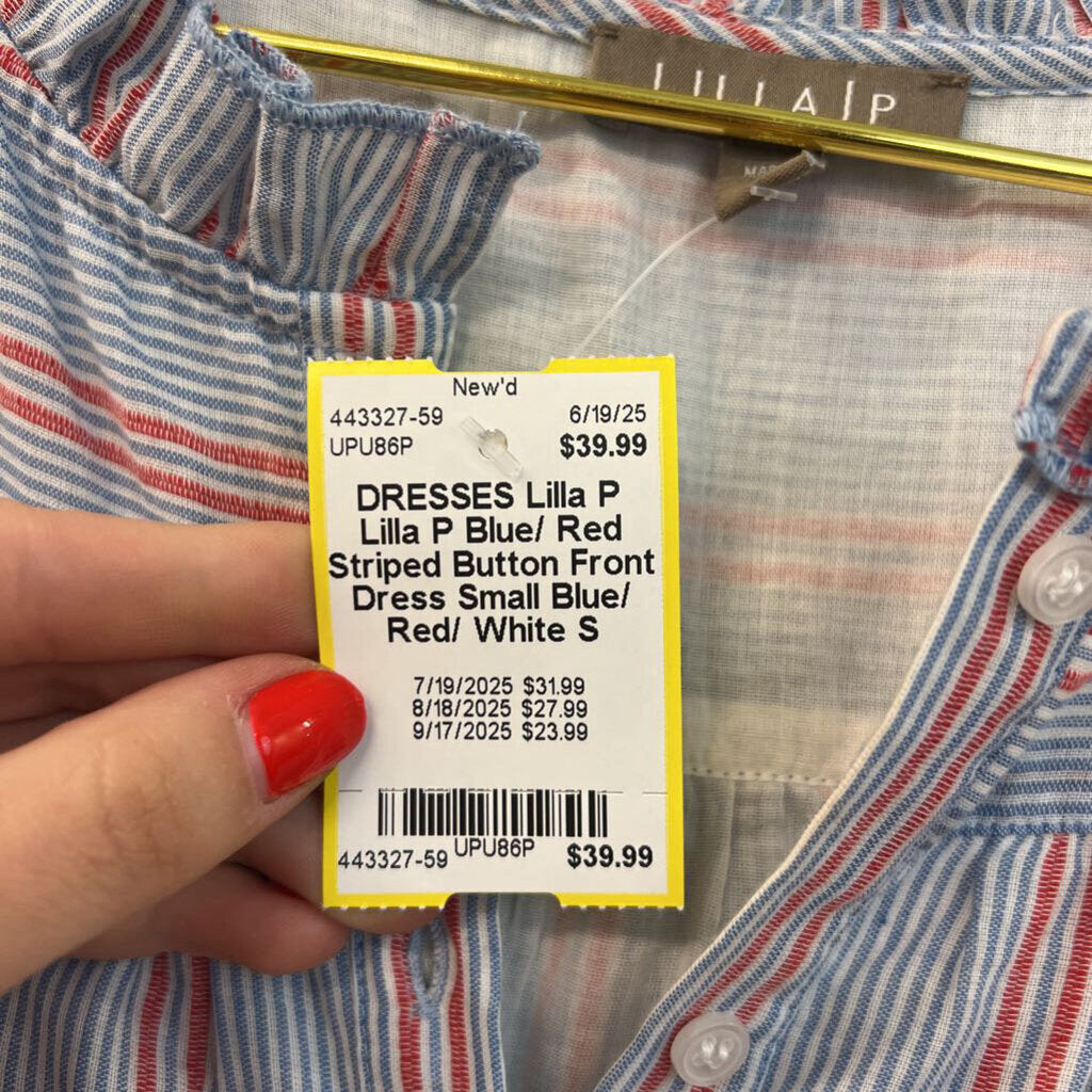 Lilla P Blue/ Red Striped Button Front Dress Small