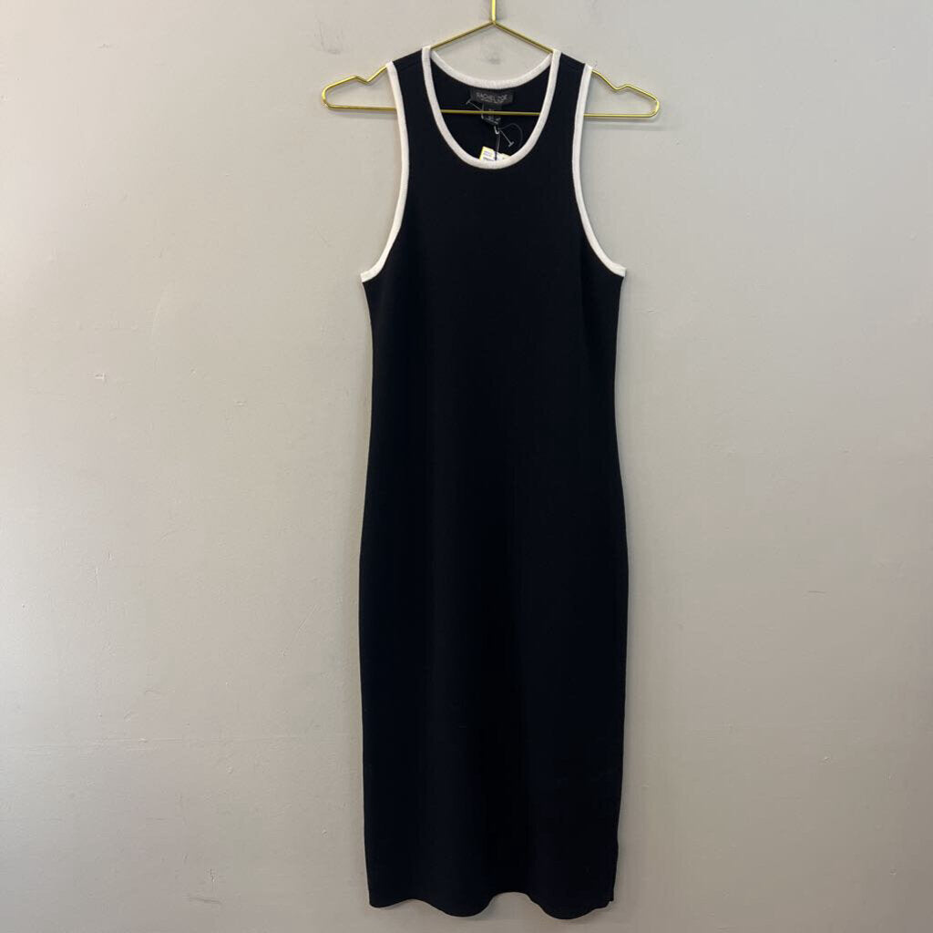 Rachel Zoe Black/ White Trim Knit Fitted Midi Dress Small