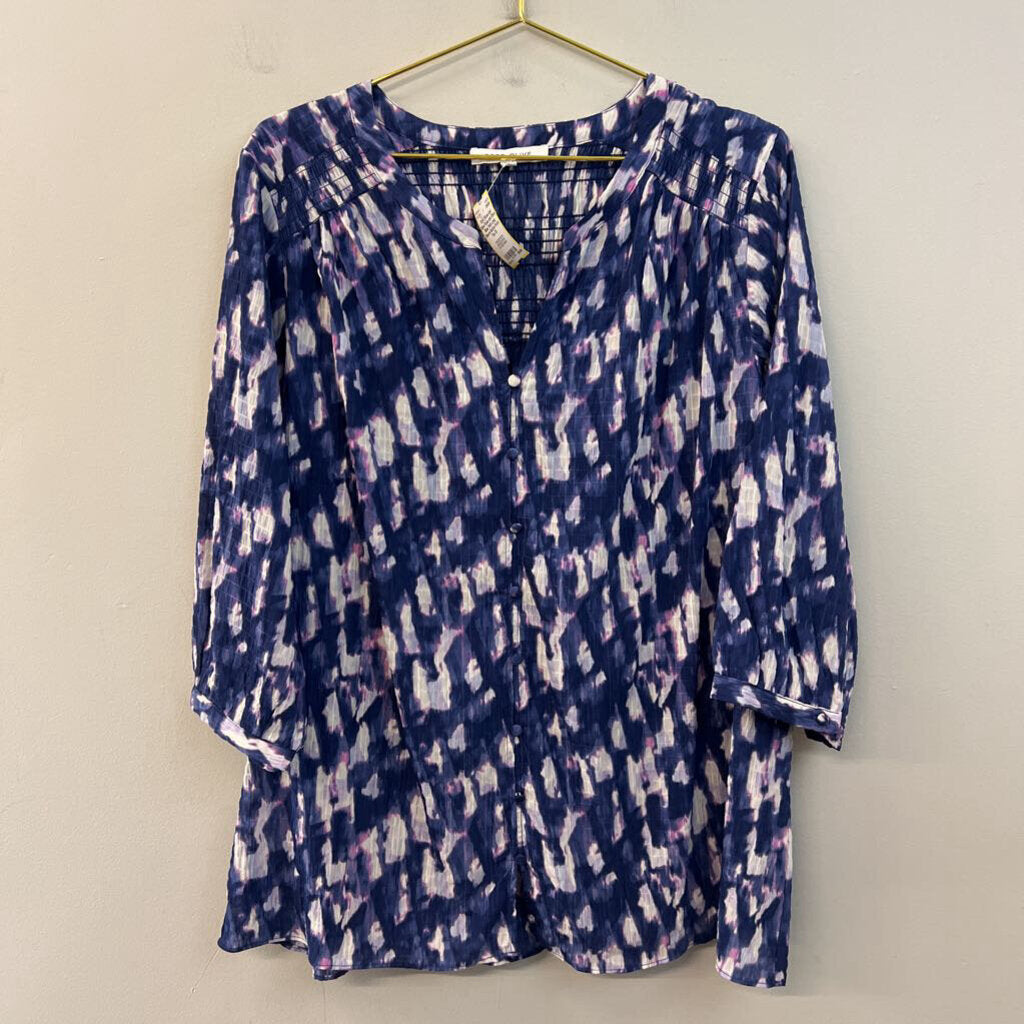 Rose and Olive Blue/ Multi Long Sleeve Button Front Top 2X