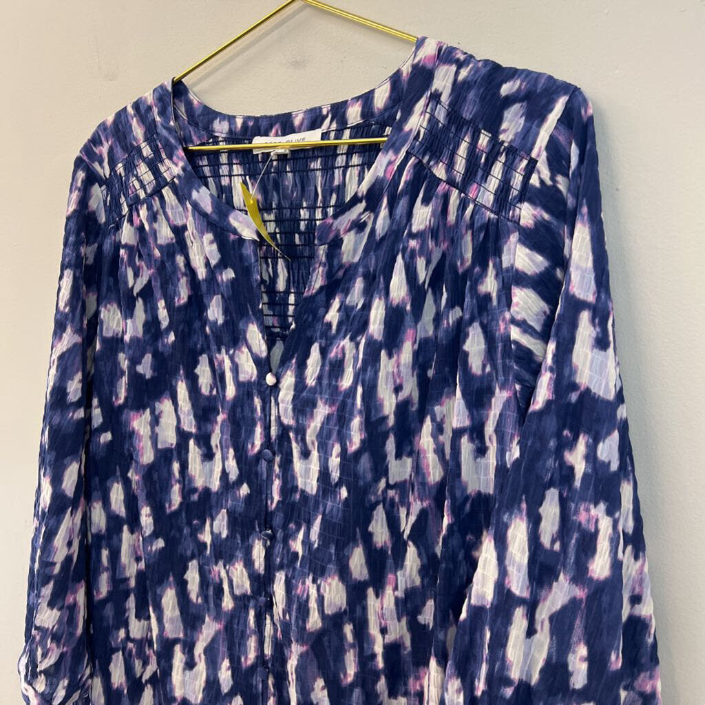 Rose and Olive Blue/ Multi Long Sleeve Button Front Top 2X