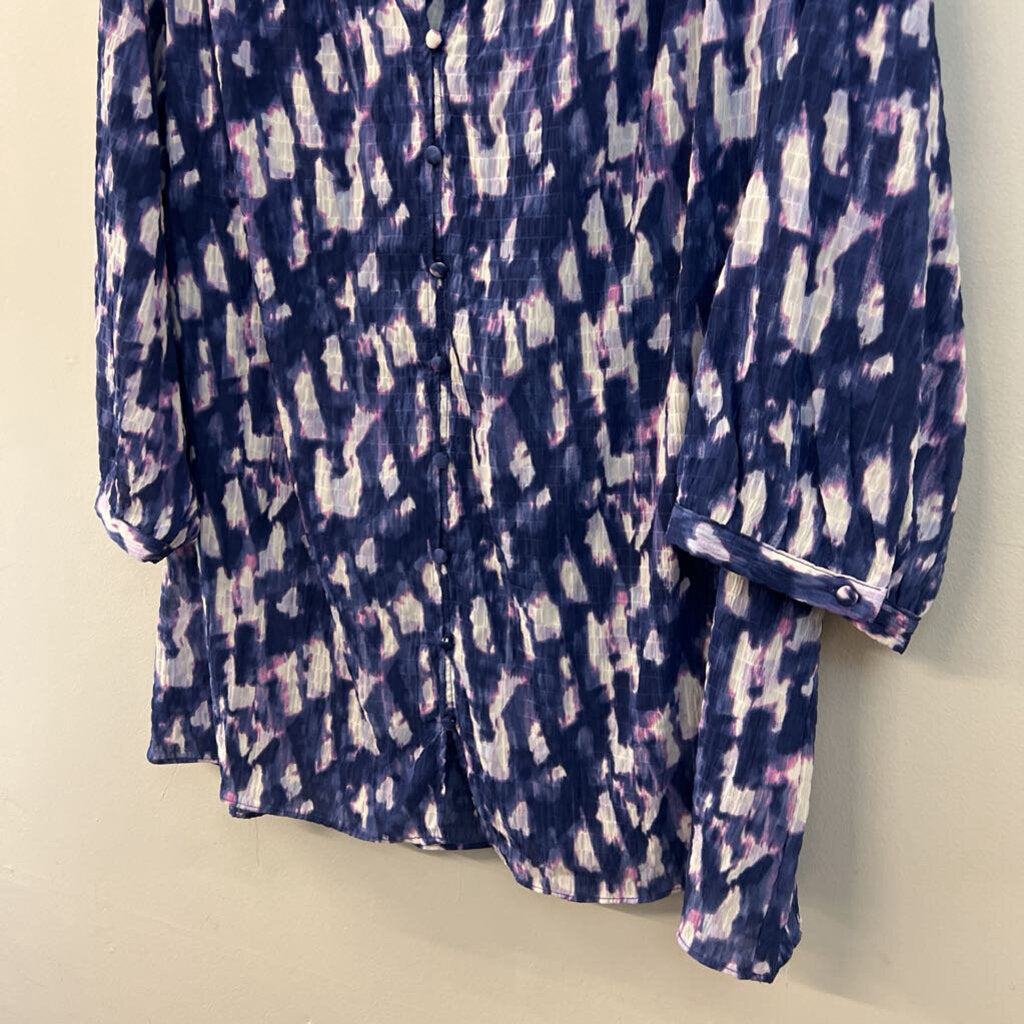 Rose and Olive Blue/ Multi Long Sleeve Button Front Top 2X