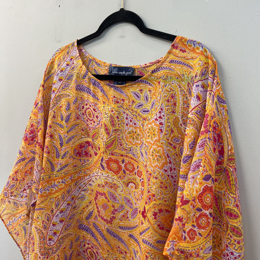 Susan Graver Yellow/ Multi Short Sleeve Top 1X