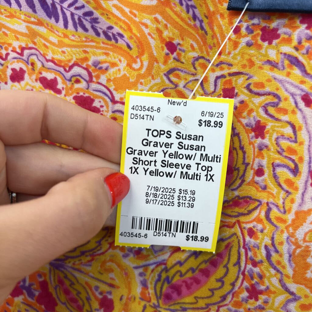 Susan Graver Yellow/ Multi Short Sleeve Top 1X