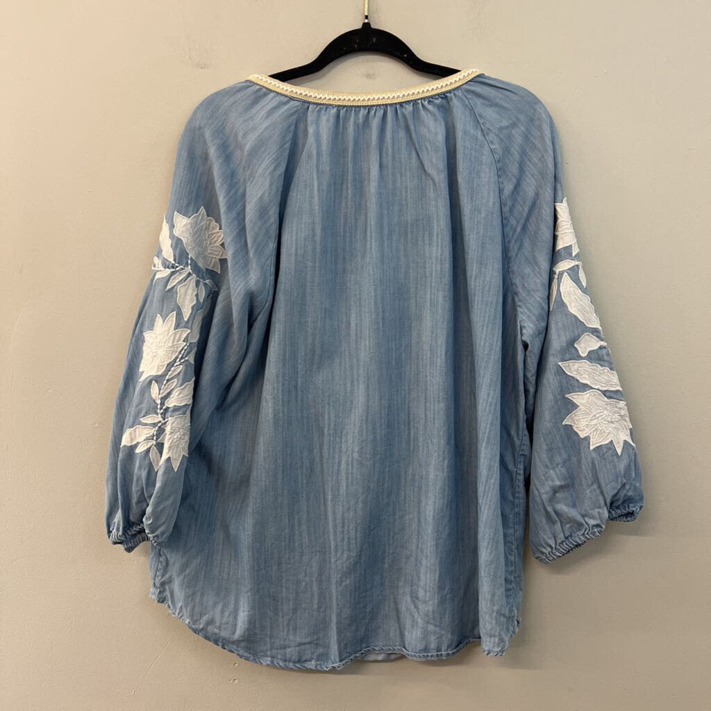 Chico's Blue Embroidered Flower Long Sleeve Button Front Top 3