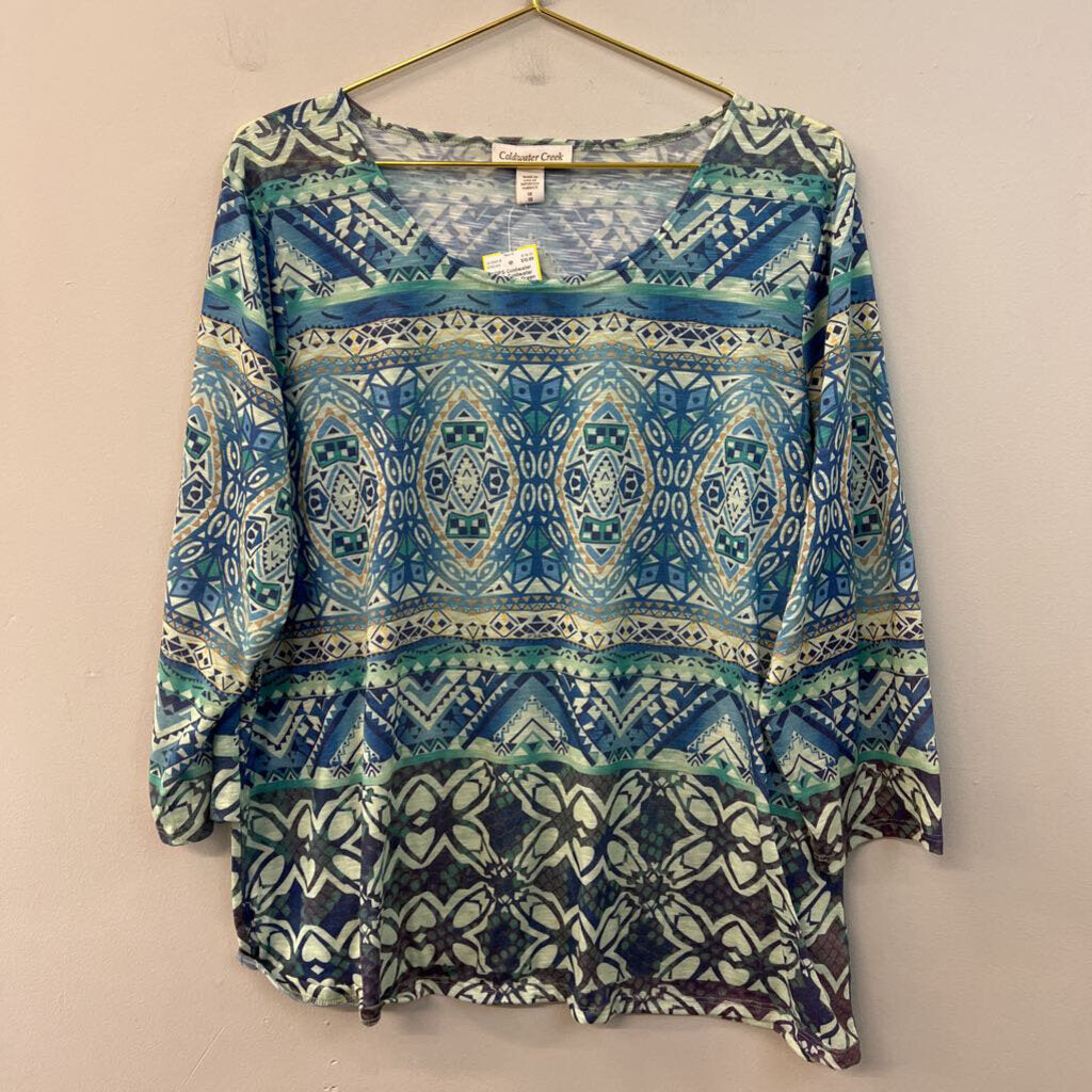 Coldwater Creek Blue/ Green Print Long Sleeve Top 1X