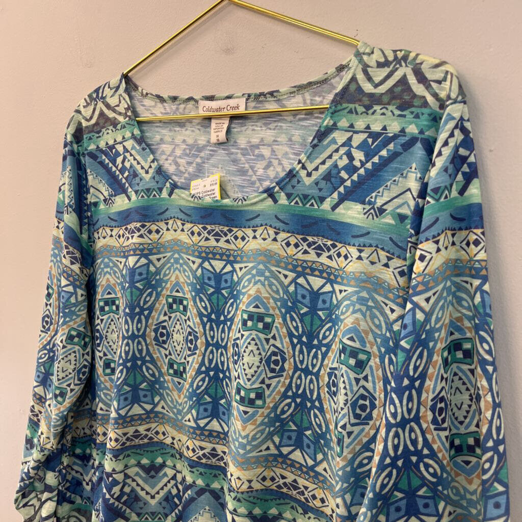 Coldwater Creek Blue/ Green Print Long Sleeve Top 1X