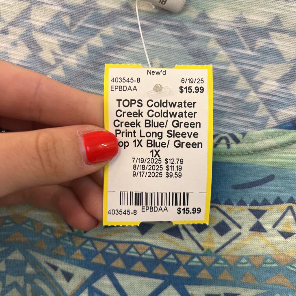 Coldwater Creek Blue/ Green Print Long Sleeve Top 1X