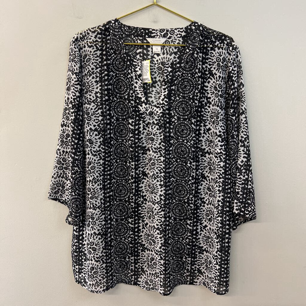 Christopher & Banks Black/ White Print Sheer Long Sleeve Top 1X