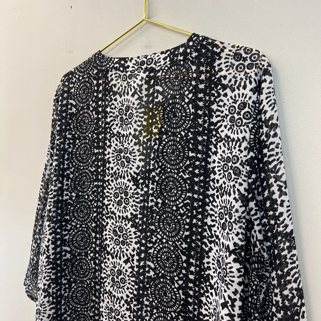 Christopher & Banks Black/ White Print Sheer Long Sleeve Top 1X