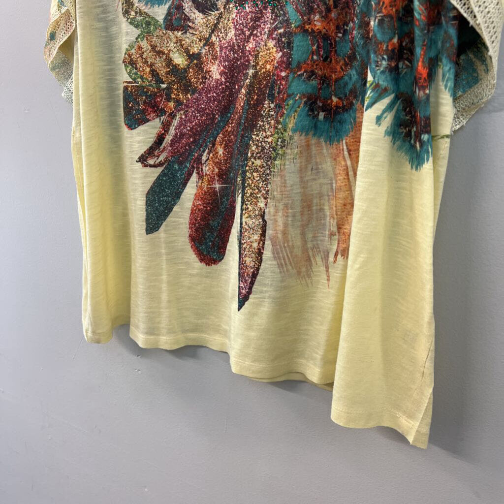 One World Yellow/ Multi Embellished Print Short Sleeve Top 2X