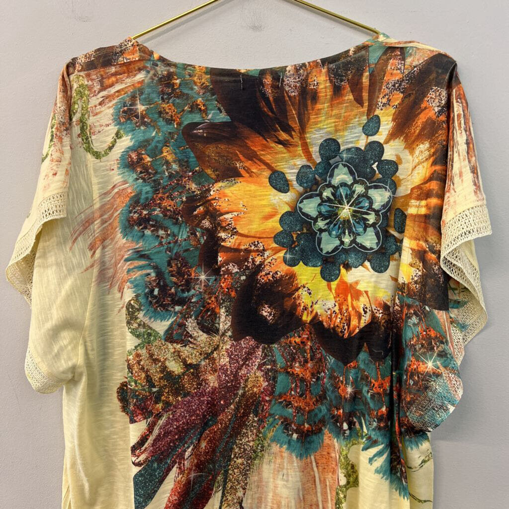 One World Yellow/ Multi Embellished Print Short Sleeve Top 2X
