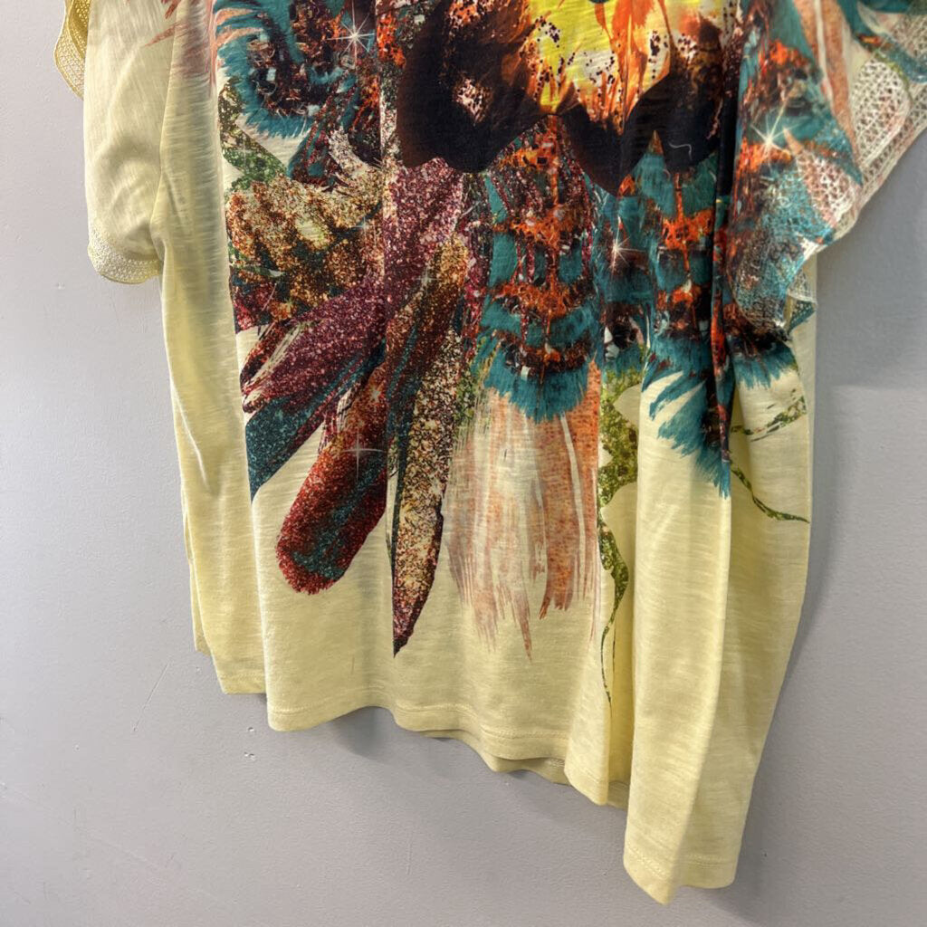 One World Yellow/ Multi Embellished Print Short Sleeve Top 2X