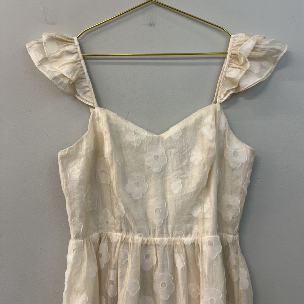 In February Cream Flower Print Short Ruffle Sleeve Midi Dress Large
