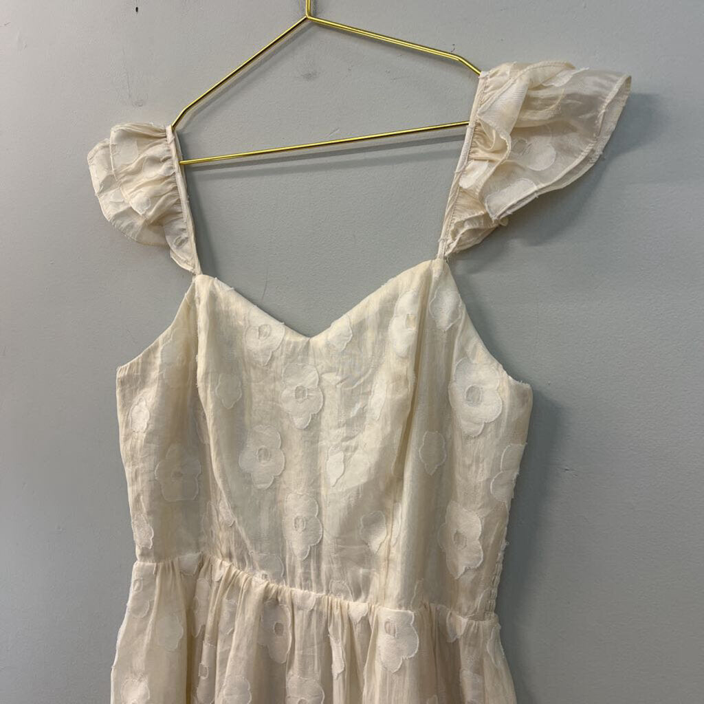 In February Cream Flower Print Short Ruffle Sleeve Midi Dress Large
