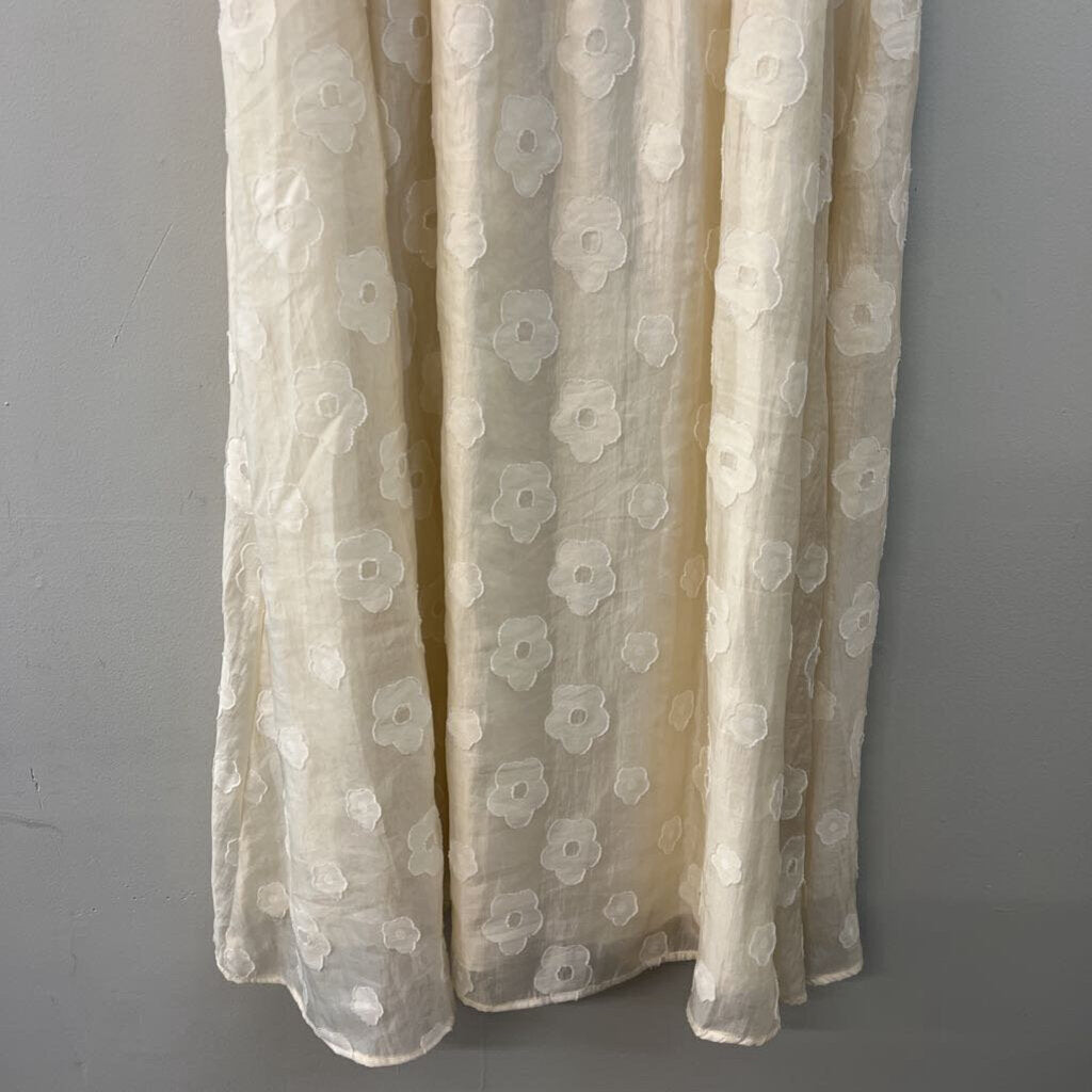 In February Cream Flower Print Short Ruffle Sleeve Midi Dress Large