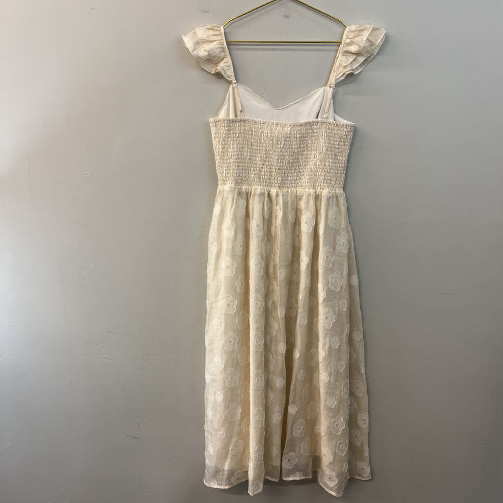 In February Cream Flower Print Short Ruffle Sleeve Midi Dress Large