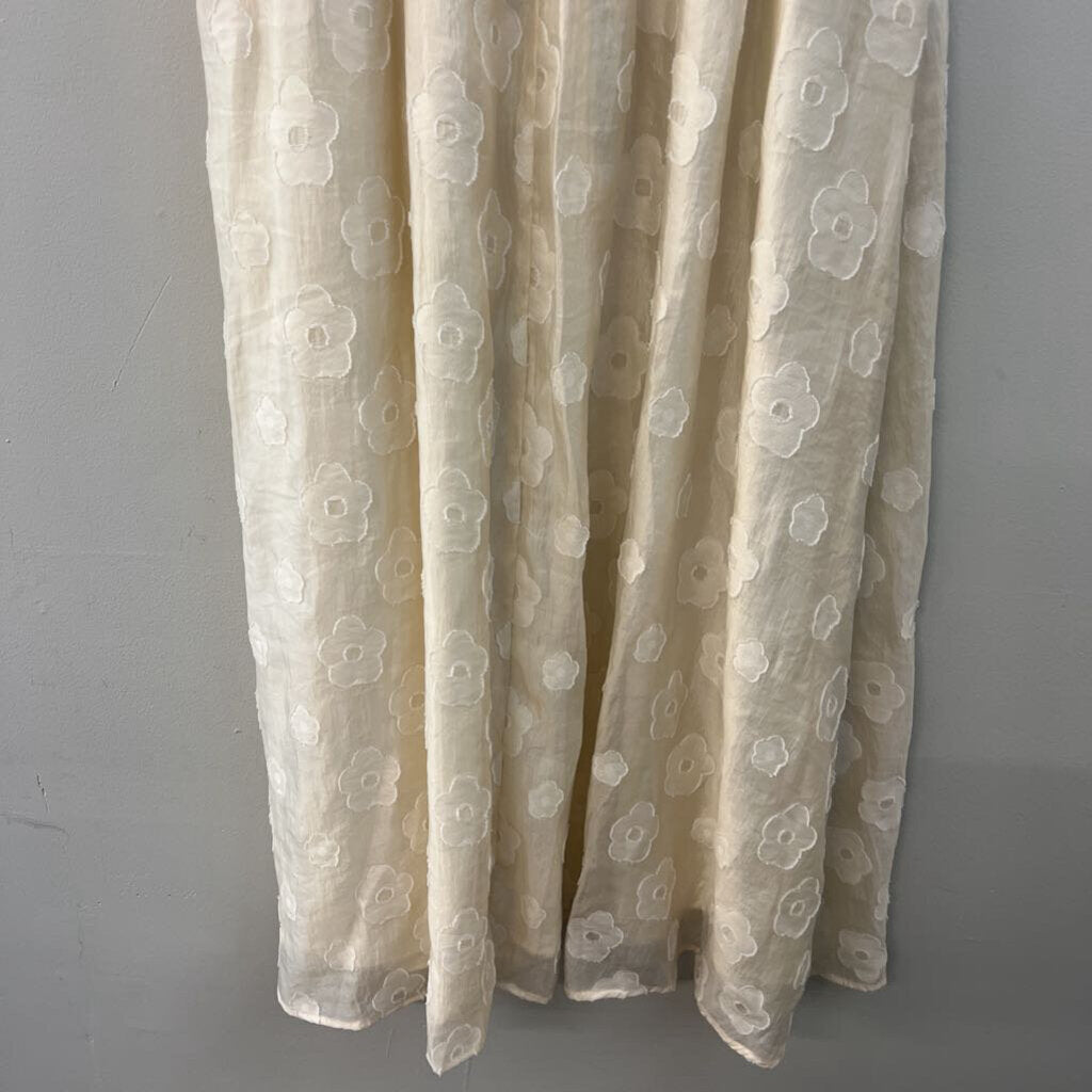 In February Cream Flower Print Short Ruffle Sleeve Midi Dress Large