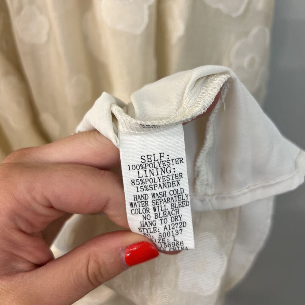 In February Cream Flower Print Short Ruffle Sleeve Midi Dress Large