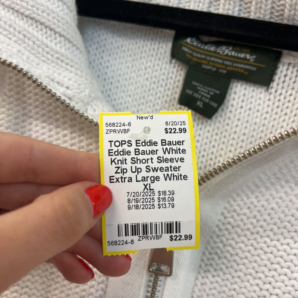 Eddie Bauer White Knit Short Sleeve Zip Up Sweater Extra Large