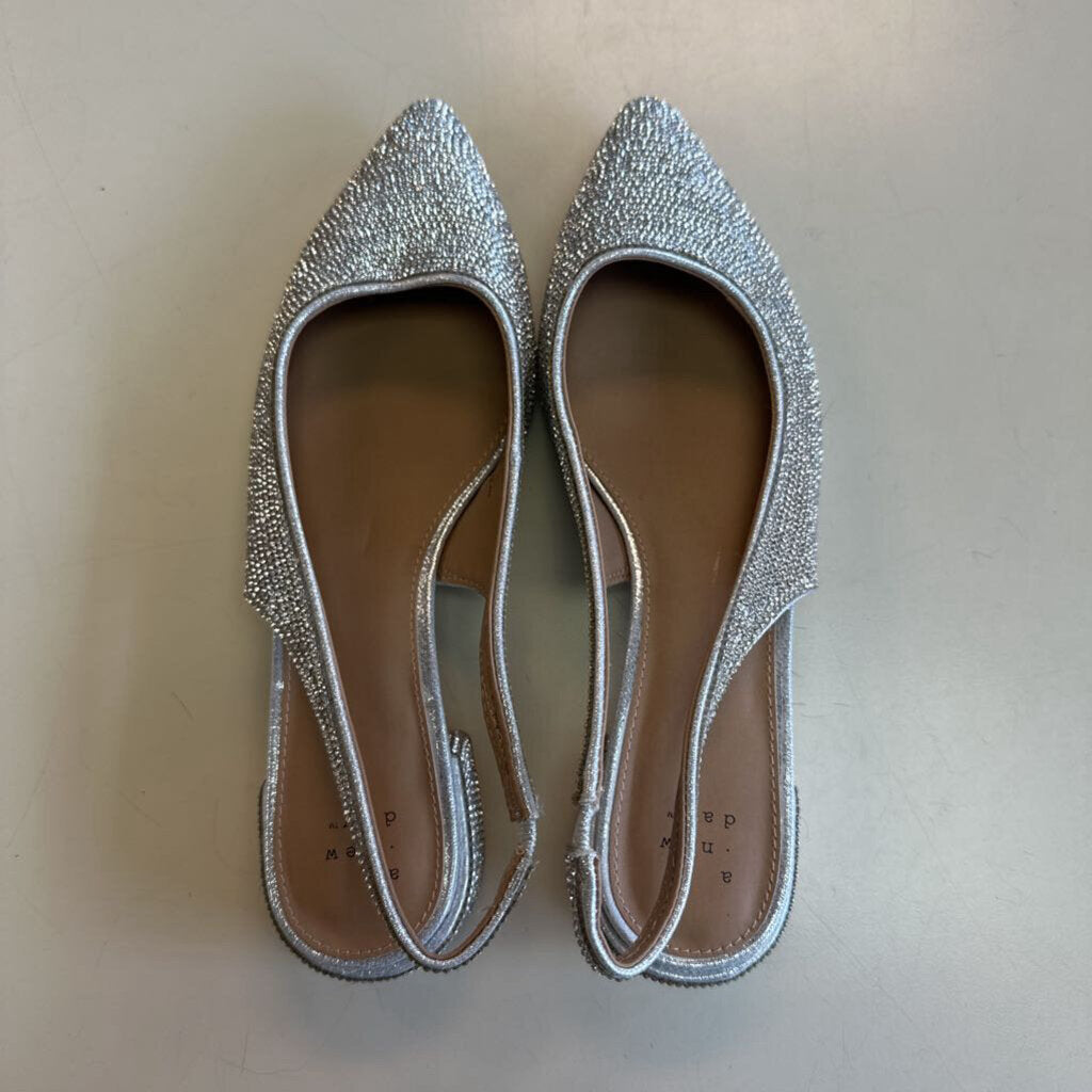 A New Day Silver Rhinestone Sparkle Point Toe Small Block Heel Flats 8