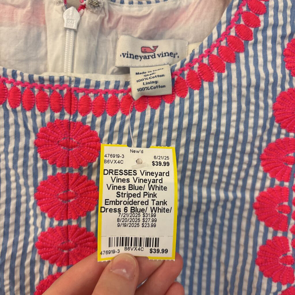 Vineyard Vines Blue/ White Striped Pink Embroidered Tank Dress 6
