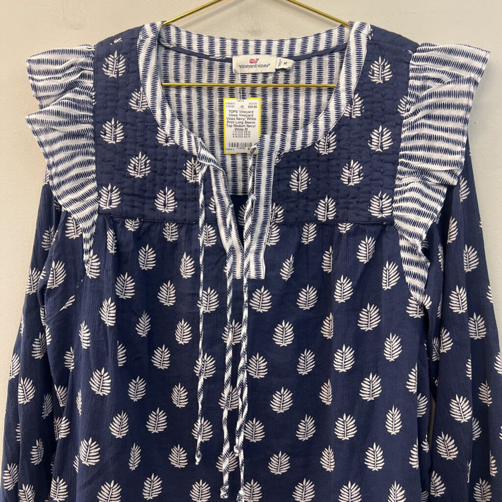 Vineyard Vines Navy/ White Print Long Sleeve Top Medium