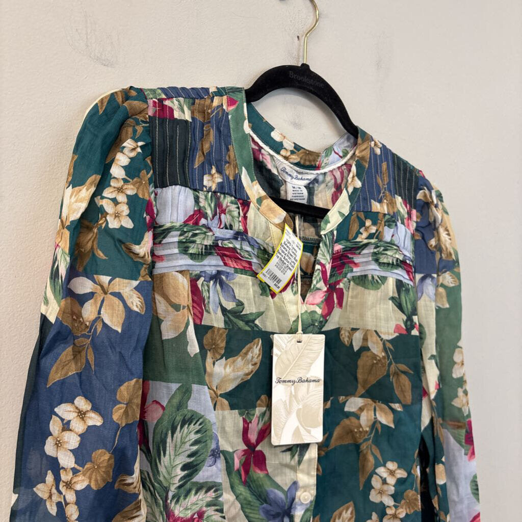Tommy Bahama Green/ Multi Tropical Print Long Sleeve Button Front Top Medium
