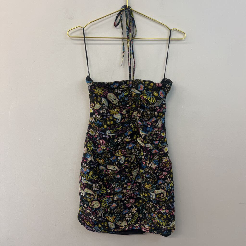 Zara Black/ Multi Print Ruched Dress Small