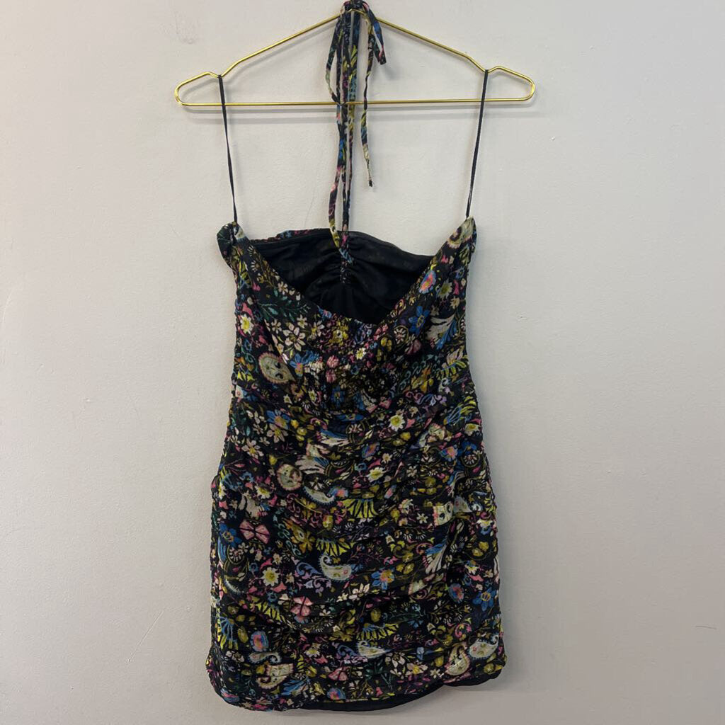 Zara Black/ Multi Print Ruched Dress Small