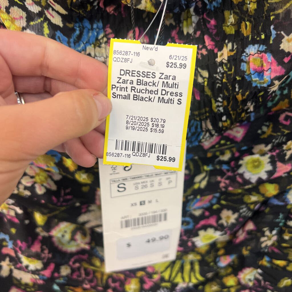 Zara Black/ Multi Print Ruched Dress Small