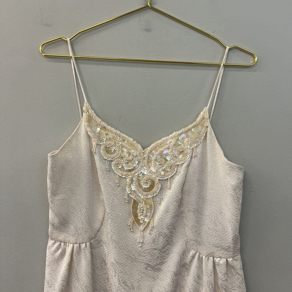 Vintage Ursula Ivory Brocade Beaded Neck Dress10
