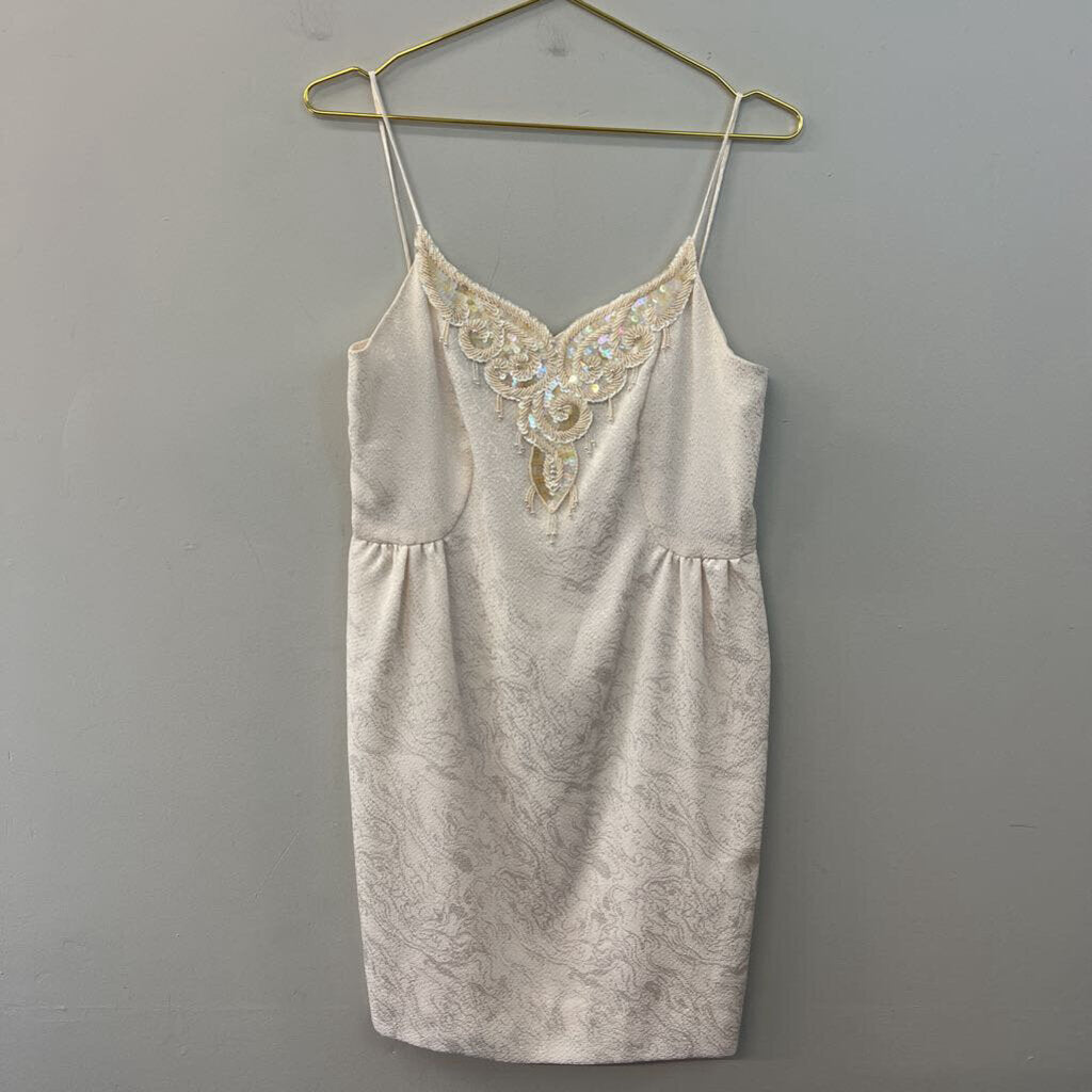 Vintage Ursula Ivory Brocade Beaded Neck Dress10