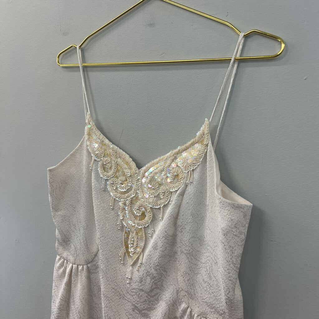 Vintage Ursula Ivory Brocade Beaded Neck Dress10