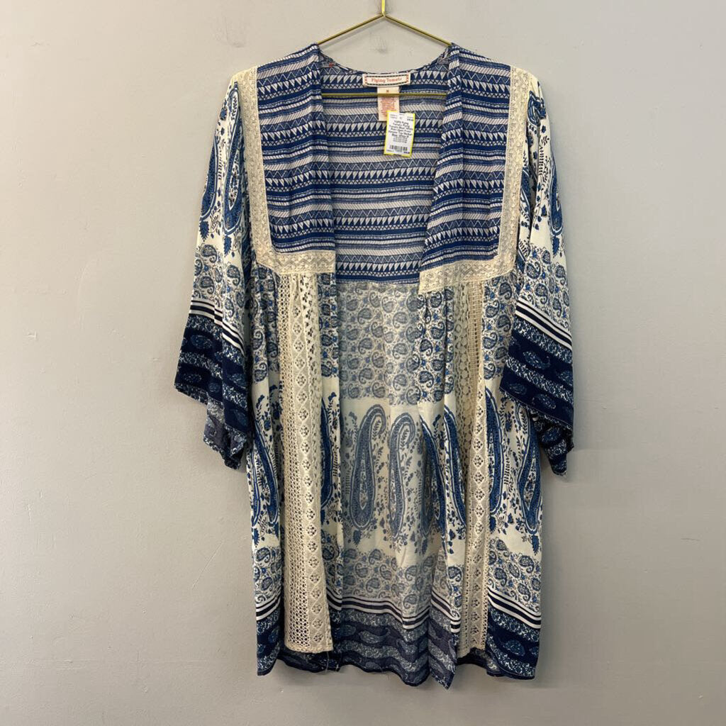 Flying Tomato Blue/ White Print Open Front Kimono Top Medium