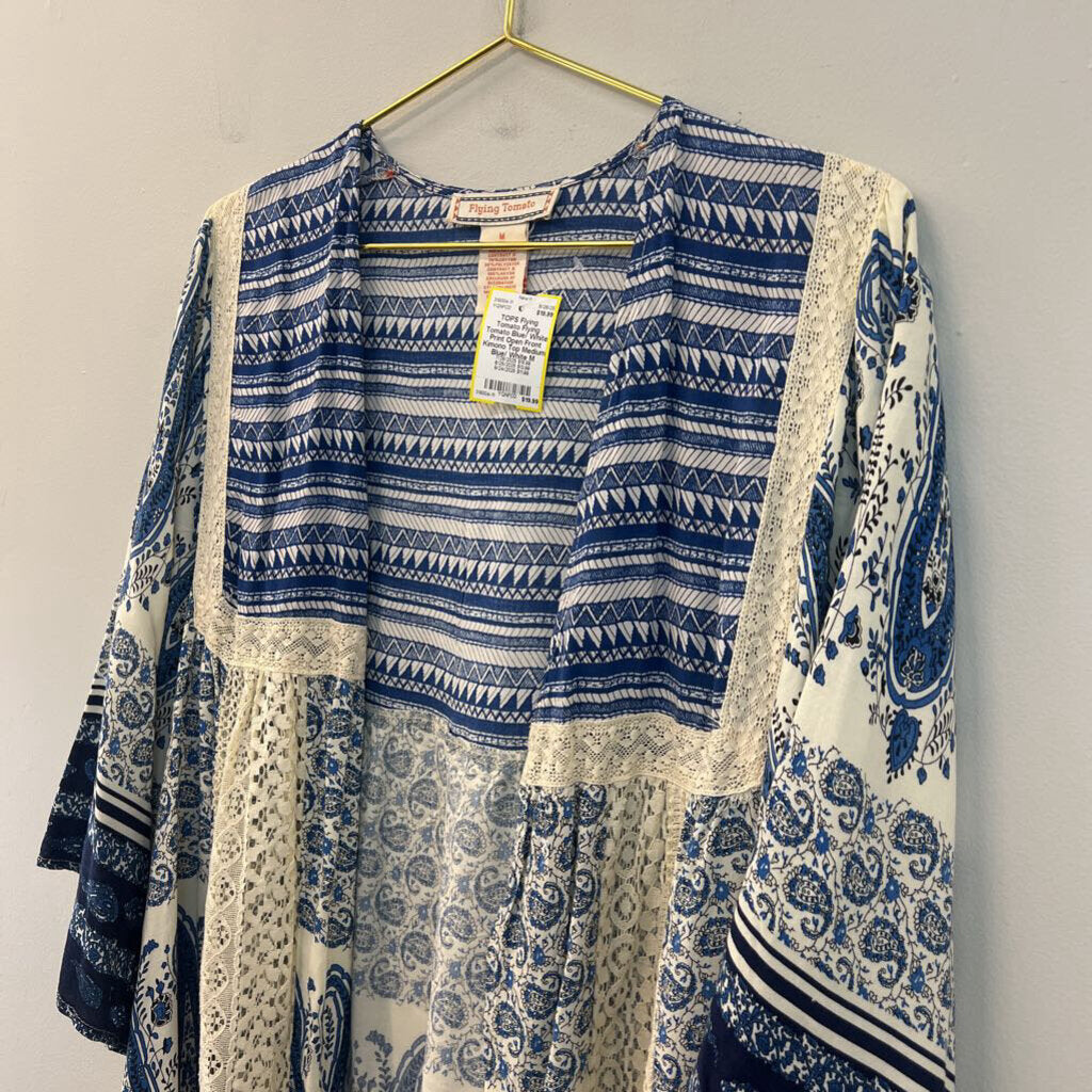 Flying Tomato Blue/ White Print Open Front Kimono Top Medium