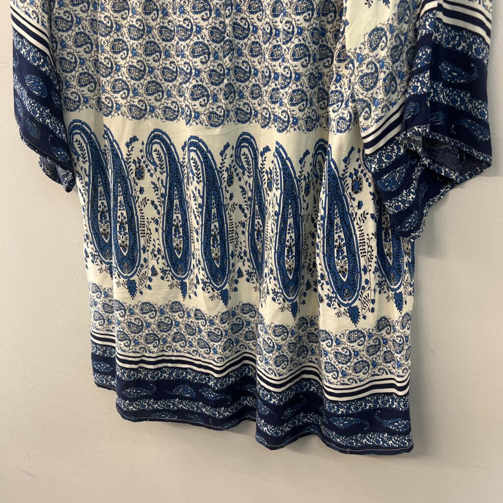 Flying Tomato Blue/ White Print Open Front Kimono Top Medium
