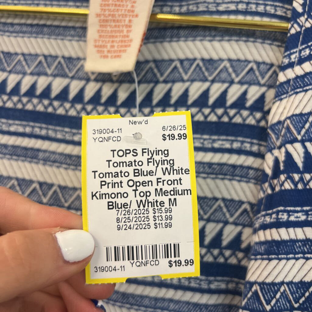 Flying Tomato Blue/ White Print Open Front Kimono Top Medium
