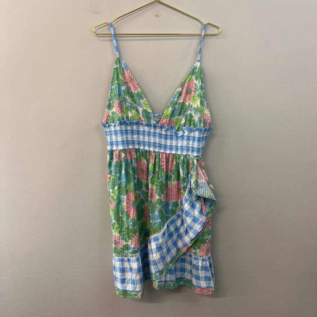 Asos Pink/ Green/ Blue Flower Print Gingham Dress 14
