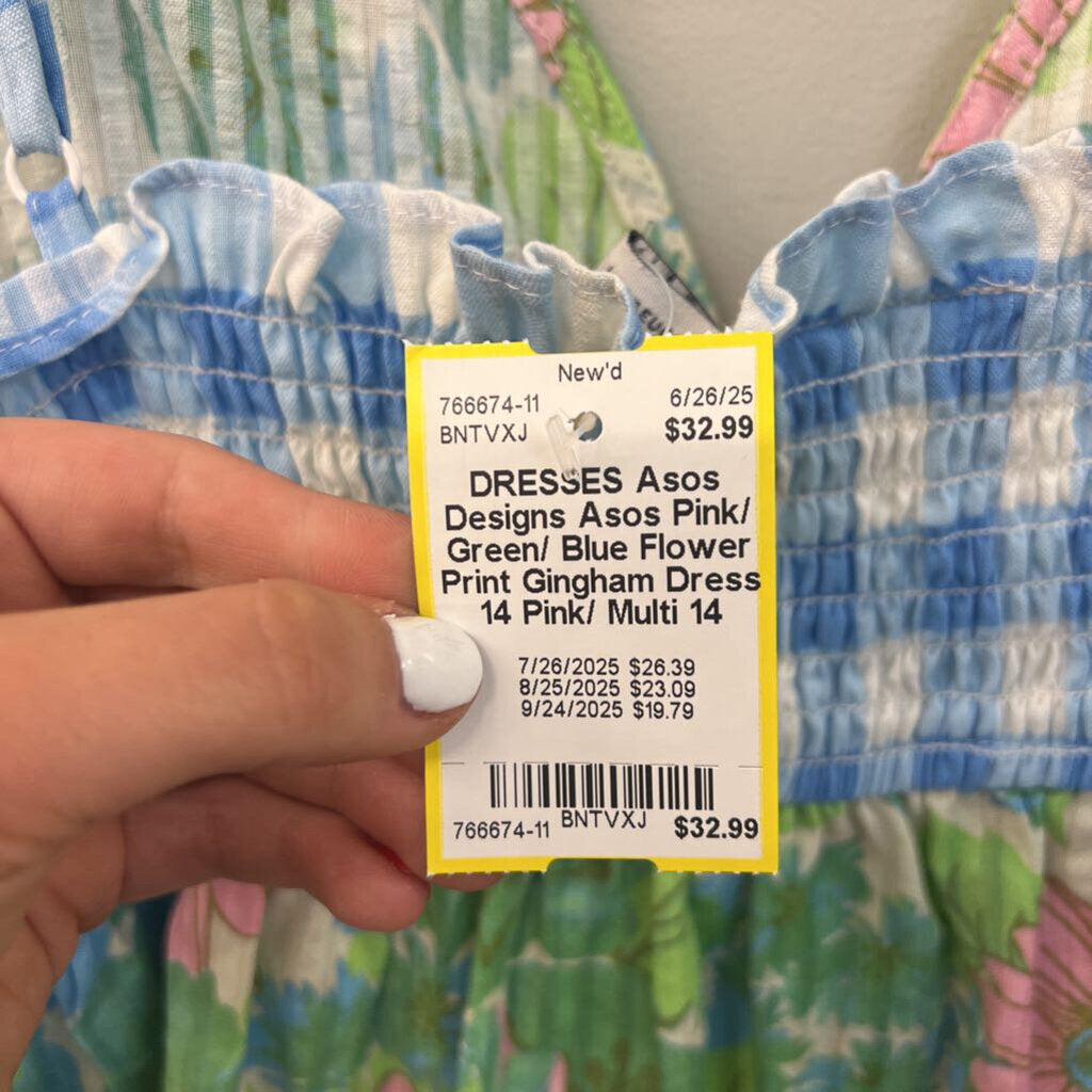 Asos Pink/ Green/ Blue Flower Print Gingham Dress 14