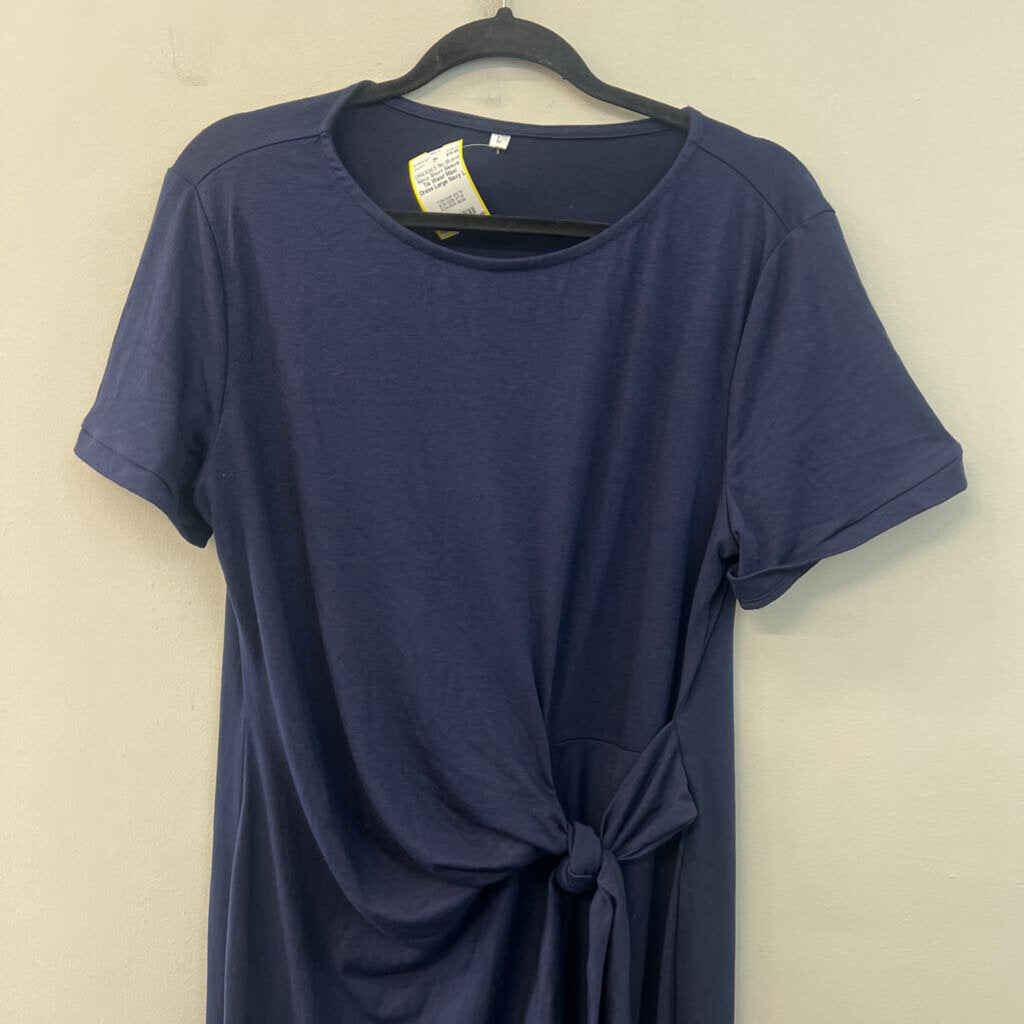 Navy Short Sleeve Tie Waist Maxi Dress Large