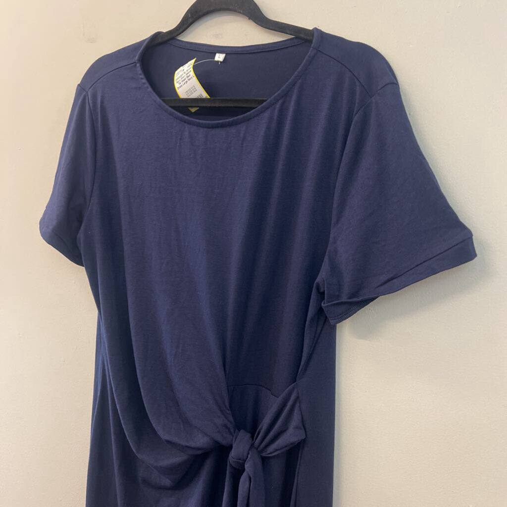 Navy Short Sleeve Tie Waist Maxi Dress Large