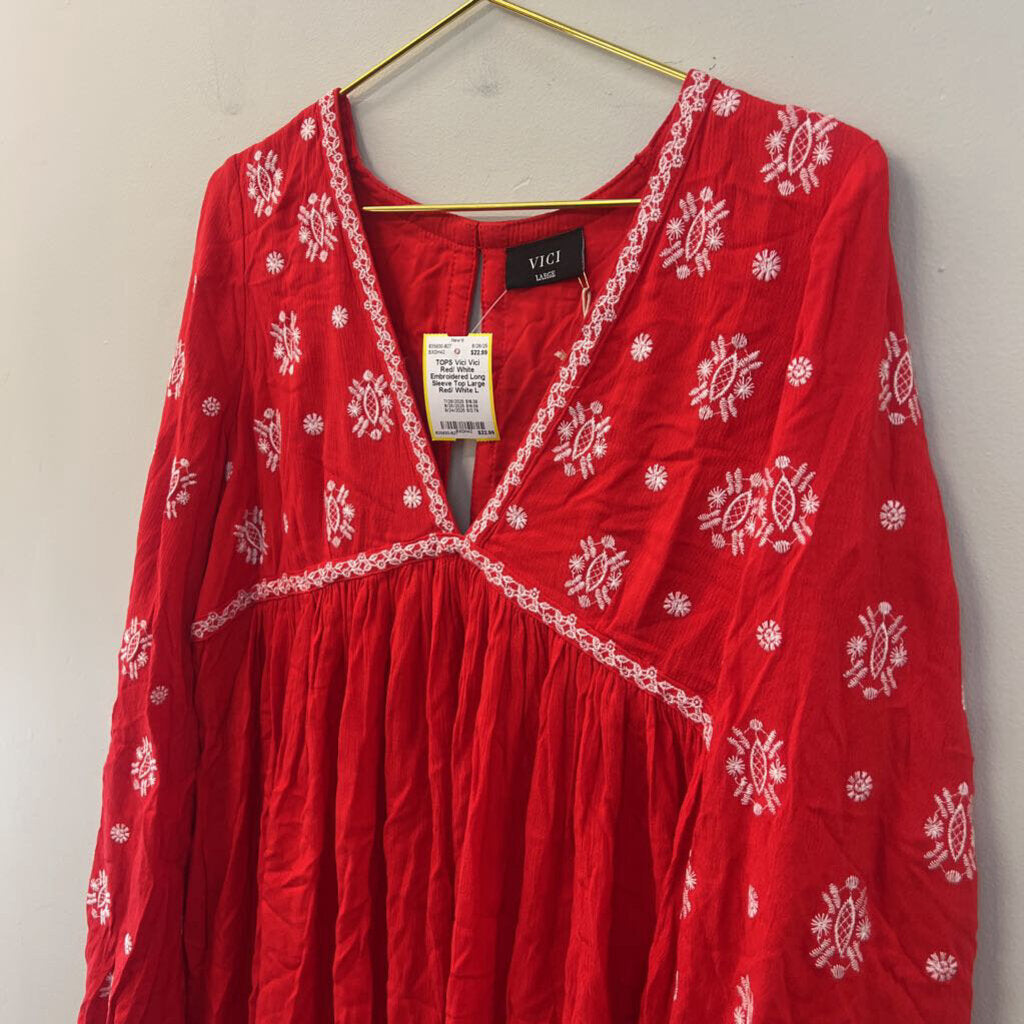 Vici Red/ White Embroidered Long Sleeve Top Large