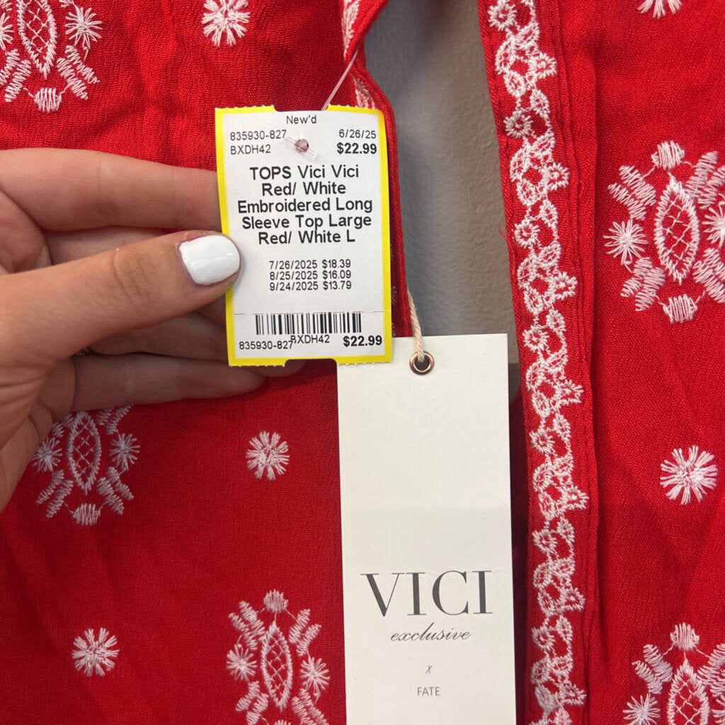 Vici Red/ White Embroidered Long Sleeve Top Large