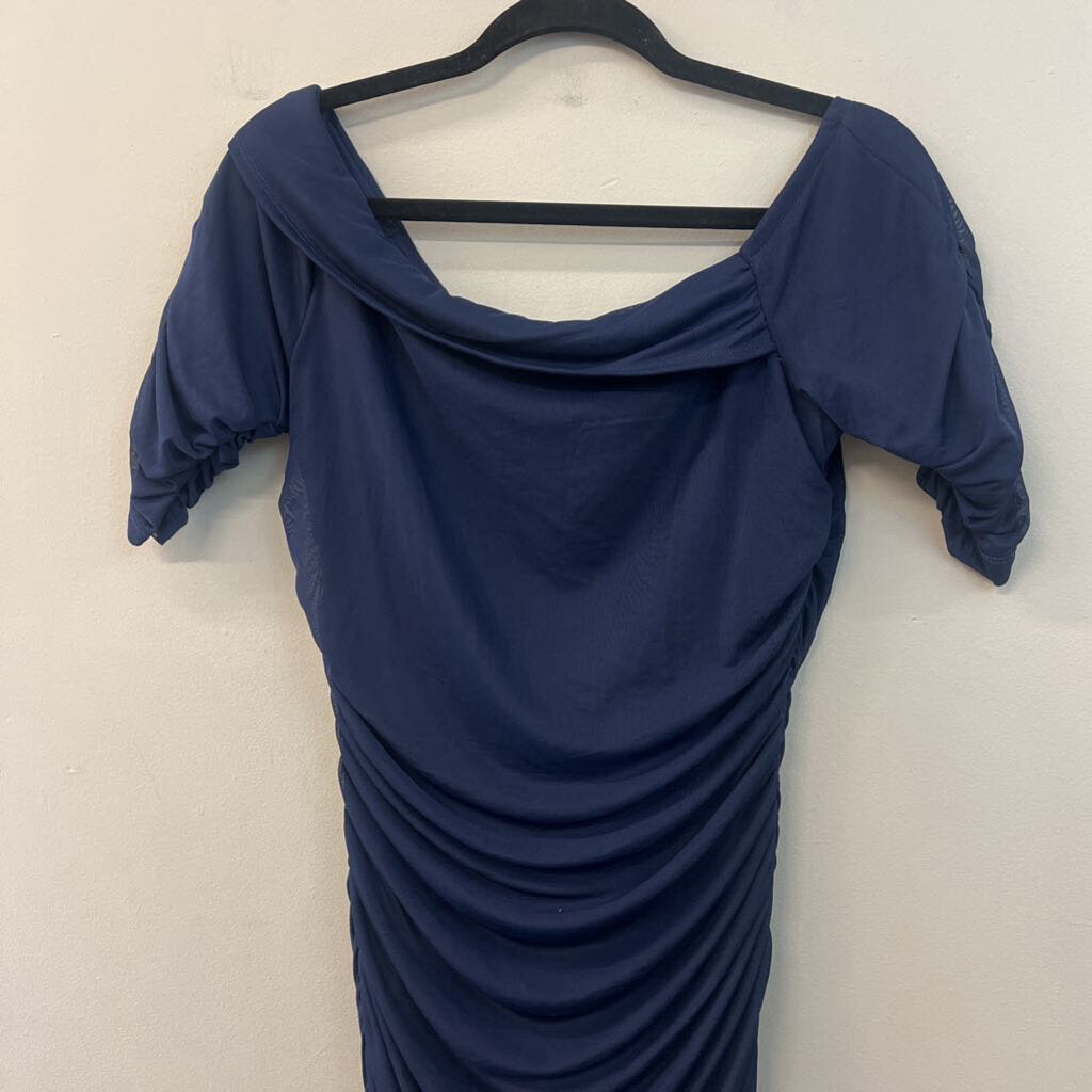 Venus Navy Ruched Long Sleeve Midi Dress Large