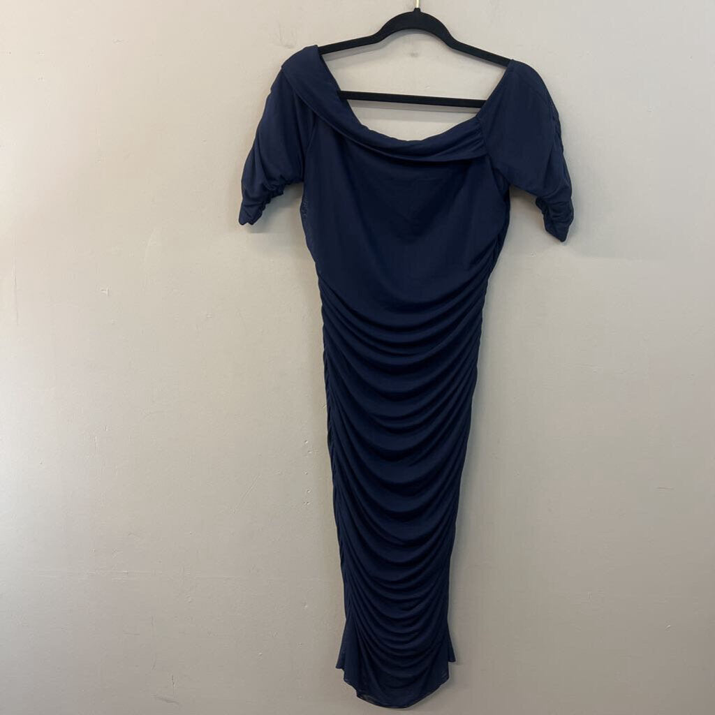 Venus Navy Ruched Long Sleeve Midi Dress Large