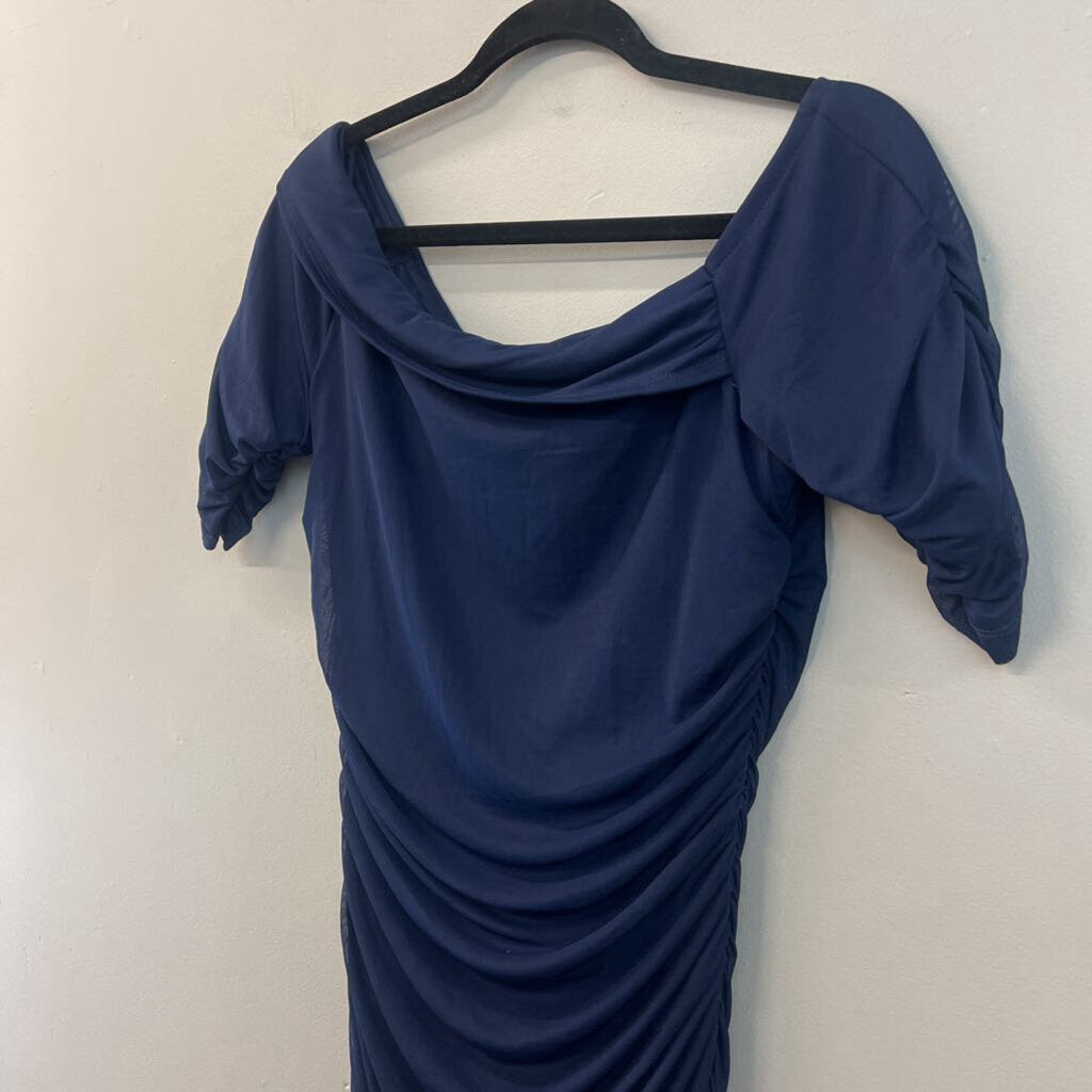 Venus Navy Ruched Long Sleeve Midi Dress Large