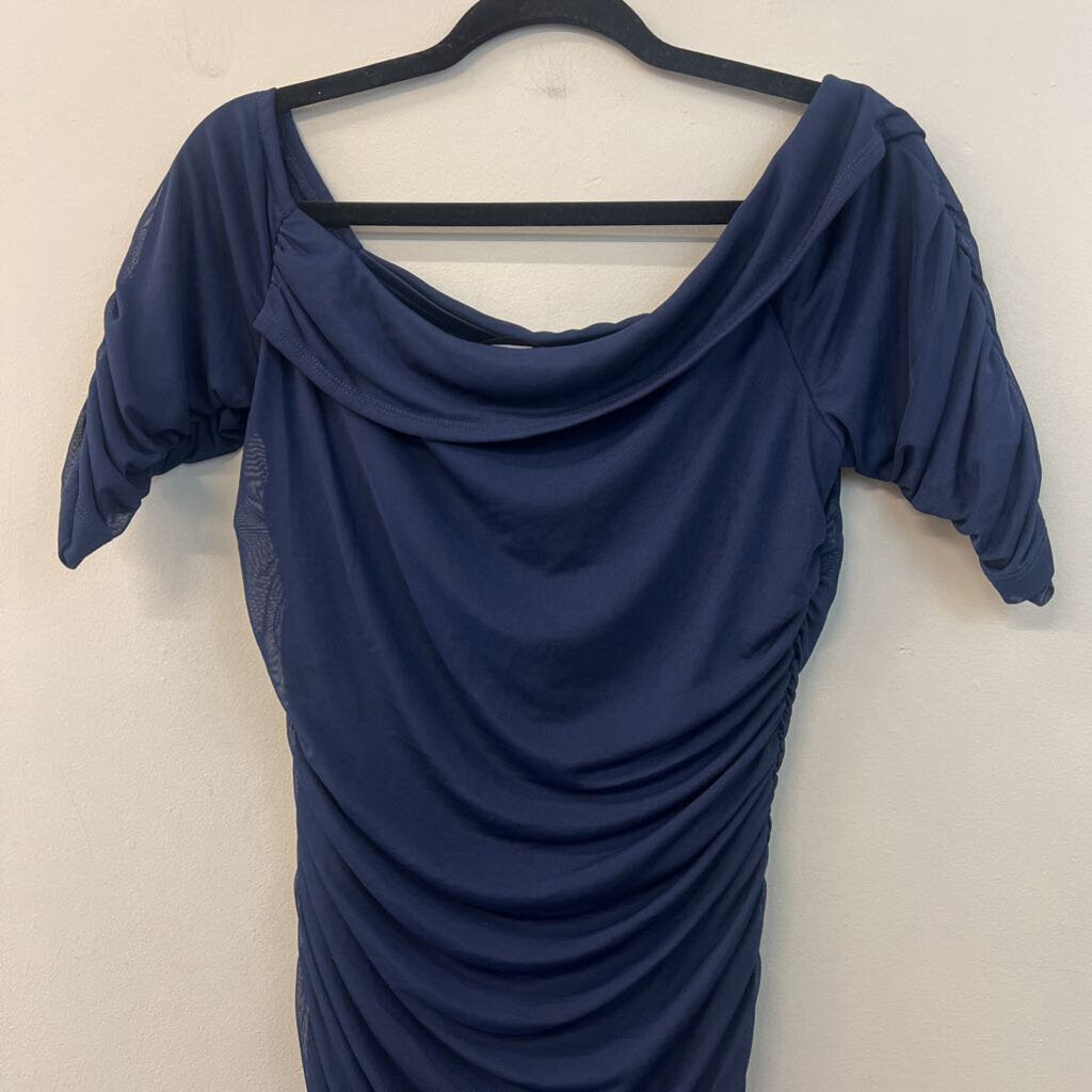 Venus Navy Ruched Long Sleeve Midi Dress Large