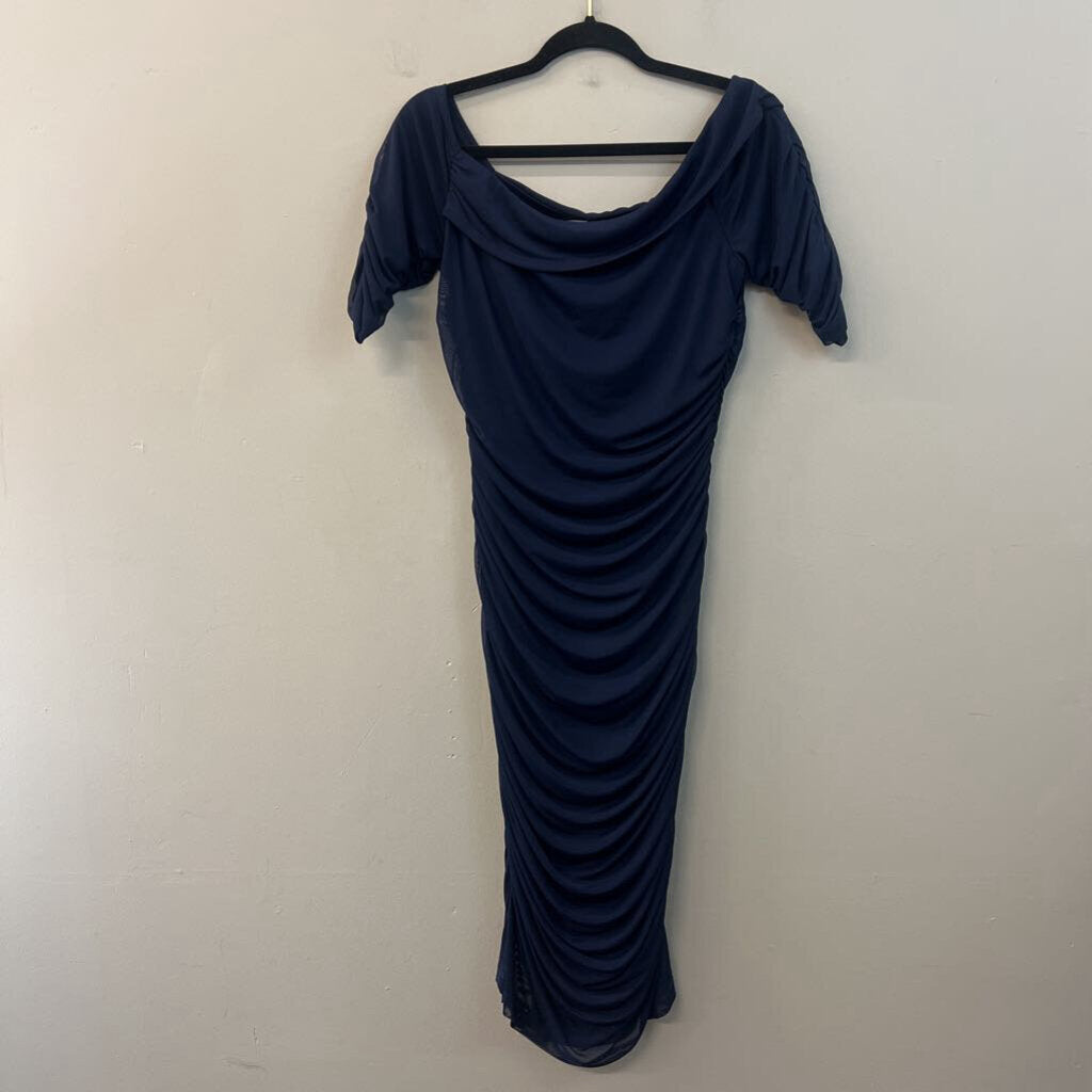 Venus Navy Ruched Long Sleeve Midi Dress Large